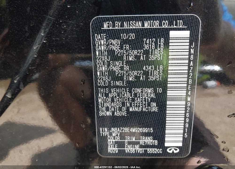 2021 INFINITI QX80 SENSORY AWD VIN: JN8AZ2BE4M9269915