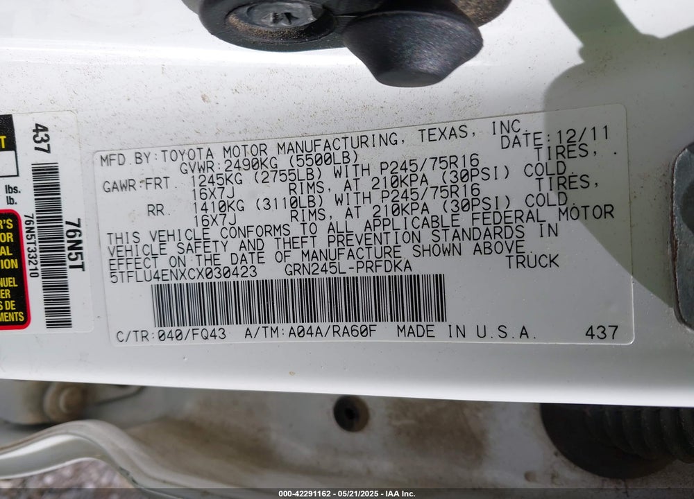 2012 TOYOTA TACOMA BASE V6 VIN: 5TFLU4ENXCX030423