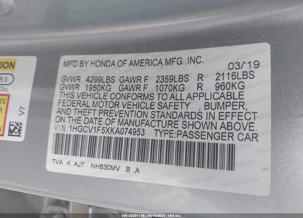 2019 HONDA ACCORD VIN: 1HGCV1F5XKA074953