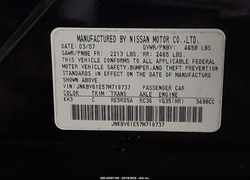 2007 INFINITI G35 JOURNEY VIN: JNKBV61E57M719737