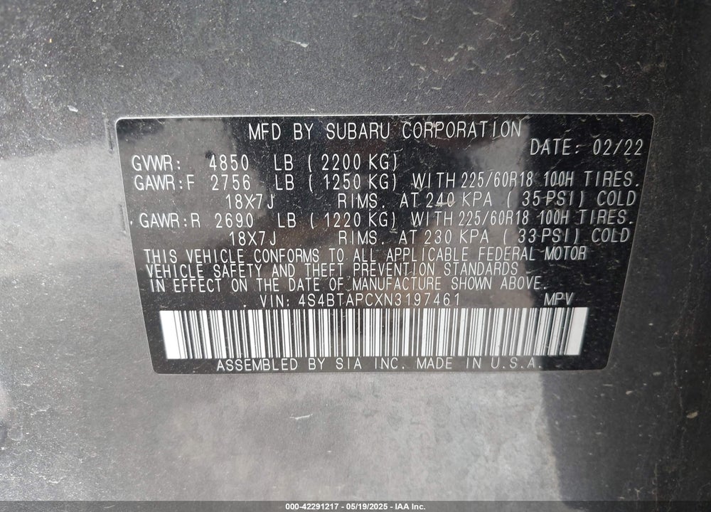 2022 SUBARU OUTBACK VIN: 4S4BTAPCXN3197461