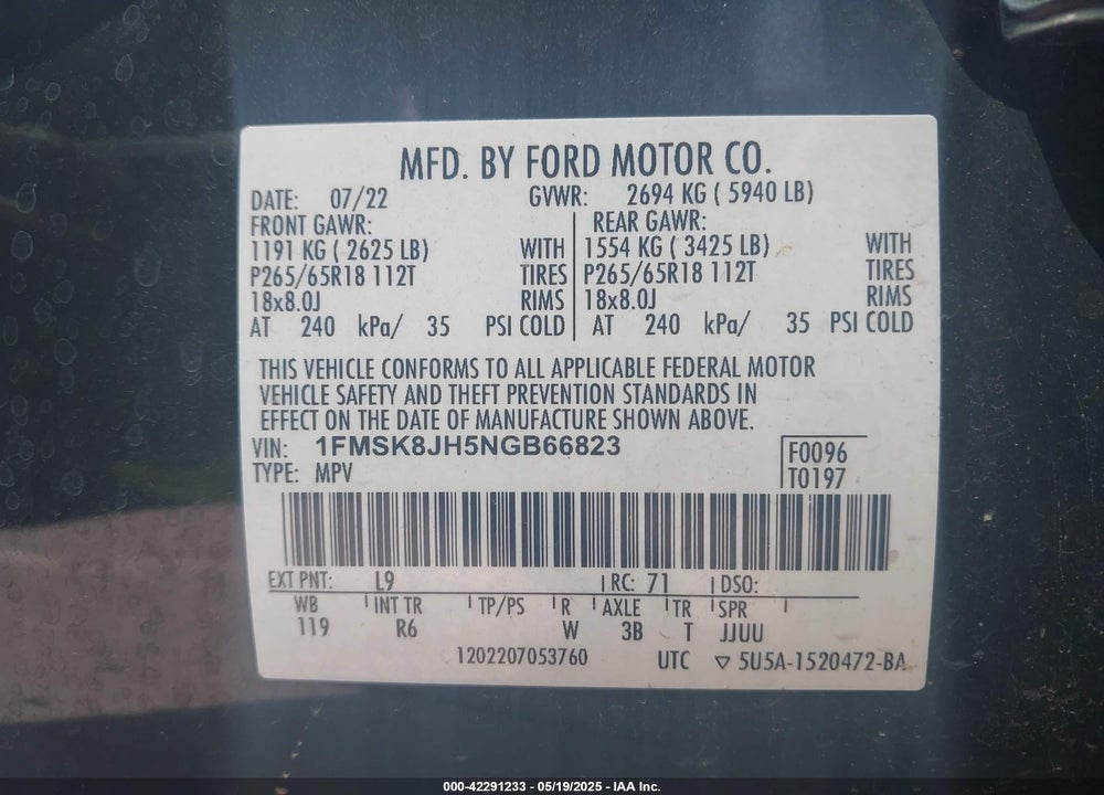 2022 FORD EXPLORER VIN: 1FMSK8JH5NGB66823