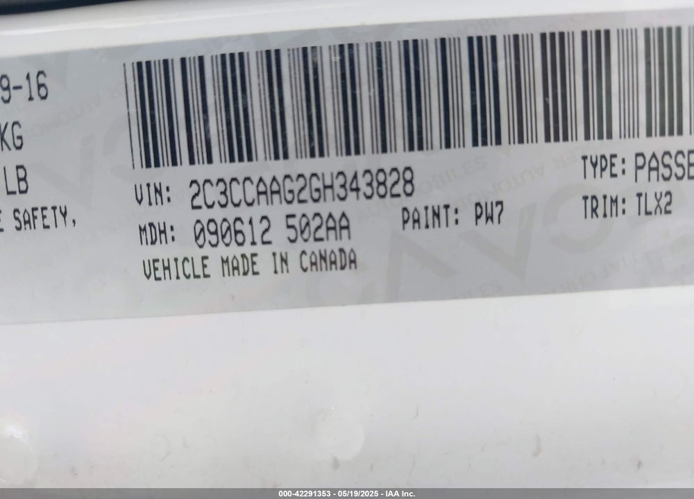 2016 CHRYSLER 300 VIN: 2C3CCAAG2GH343828