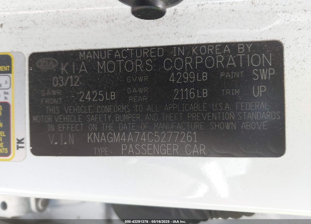 2012 KIA OPTIMA VIN: KNAGM4A74C5277261