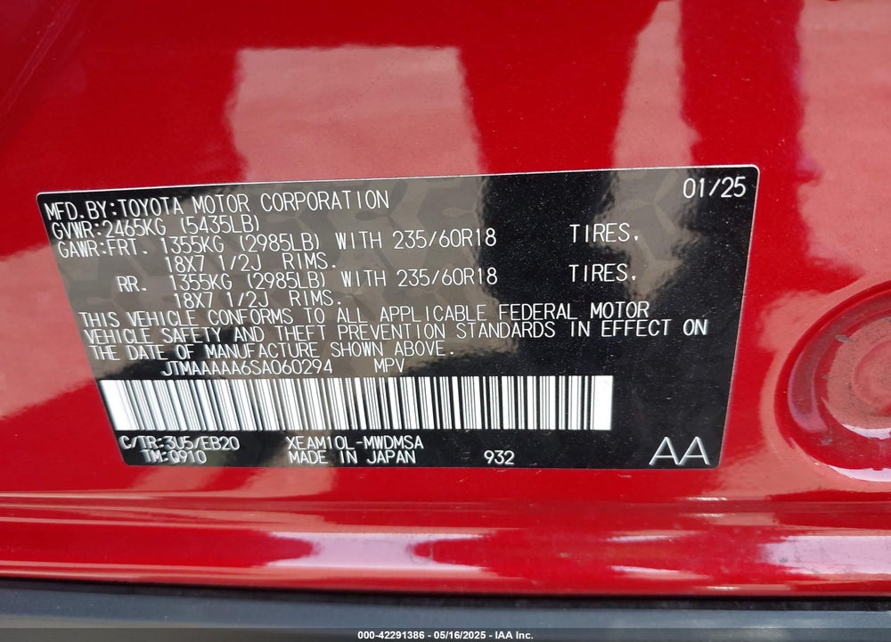 2025 TOYOTA BZ4X VIN: JTMAAAAA6SA060294