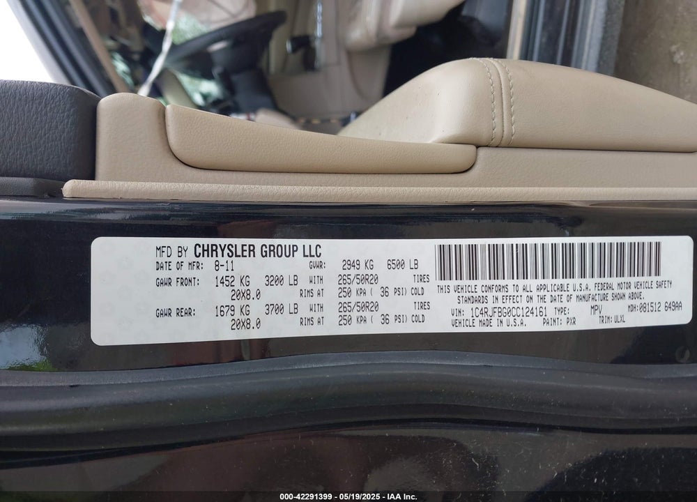 2012 JEEP GRAND CHEROKEE VIN: 1C4RJFBG0CC124161