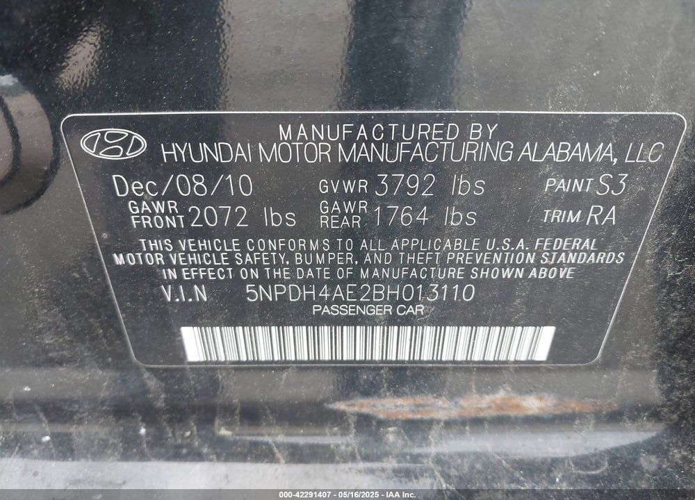 2011 HYUNDAI ELANTRA VIN: 5NPDH4AE2BH013110