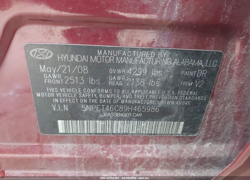 2009 HYUNDAI SONATA GLS VIN: 5NPET46C89H465986
