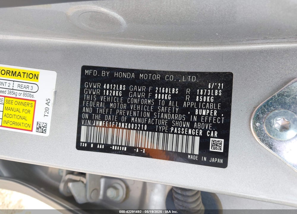 2022 HONDA CIVIC VIN: JHMFE1F79NX003210