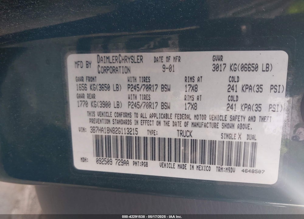 2002 DODGE RAM 1500 ST VIN: 3B7HA18N82G113215