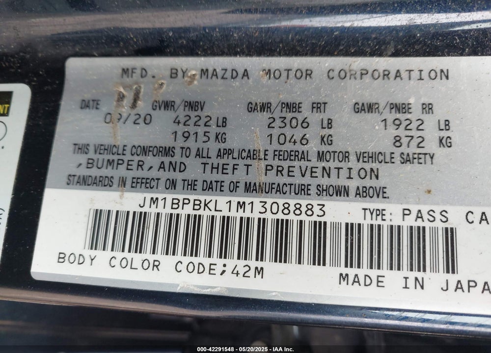 2021 MAZDA MAZDA3 HATCHBACK VIN: JM1BPBKL1M1308883