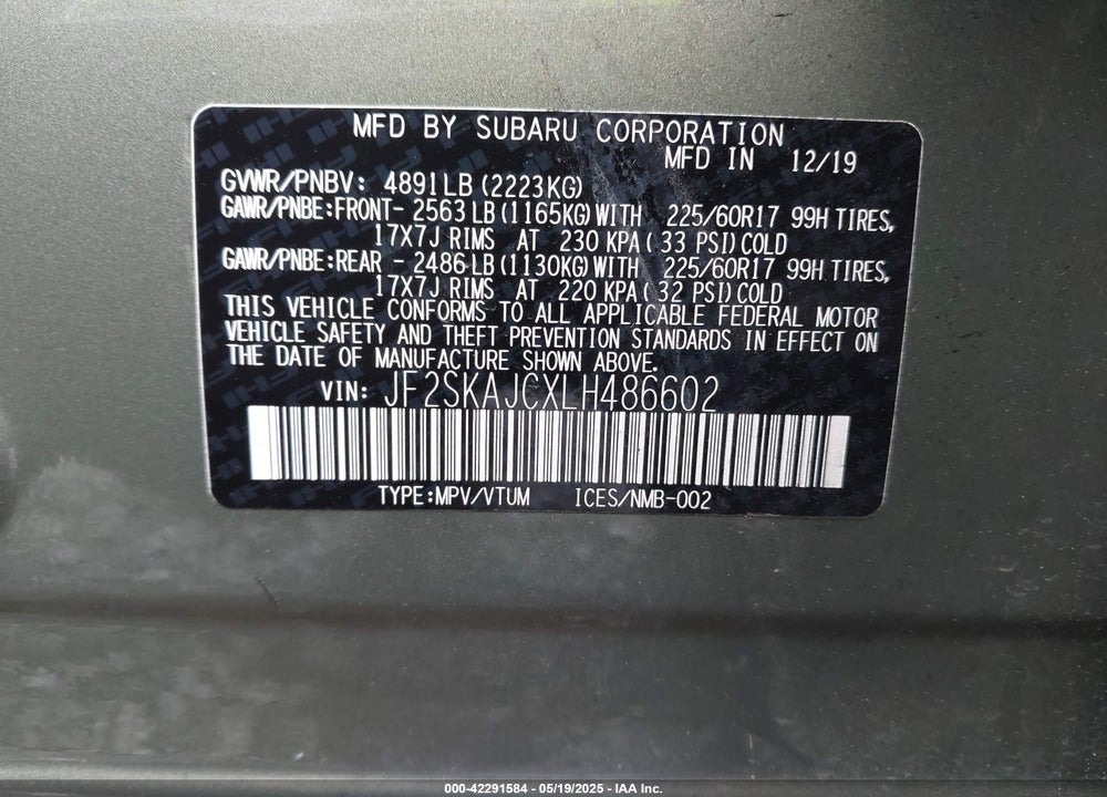 2020 SUBARU FORESTER VIN: JF2SKAJCXLH486602