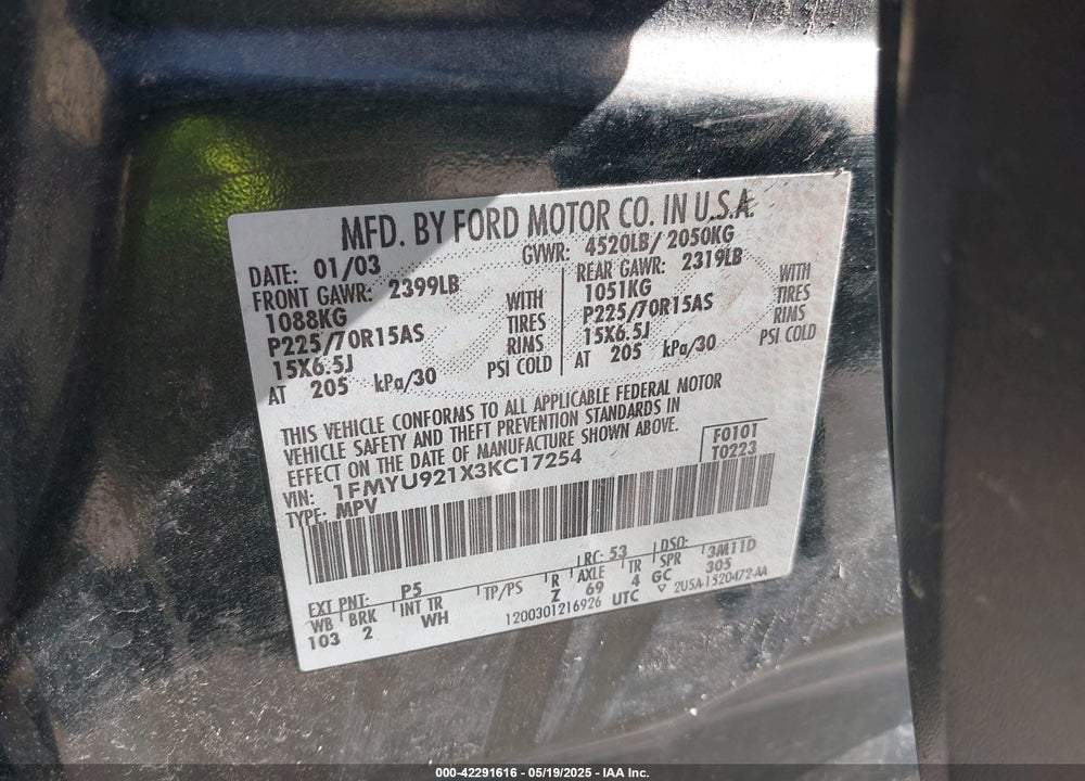 2003 FORD ESCAPE VIN: 1FMYU921X3KC17254