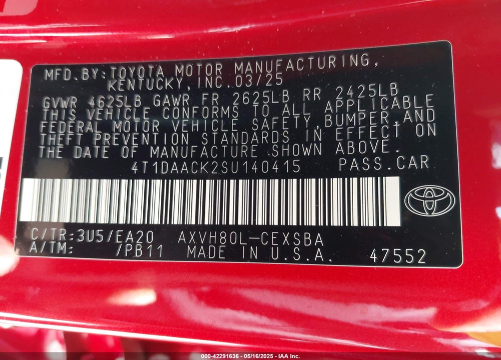 2025 TOYOTA CAMRY SE VIN: 4T1DAACK2SU140415
