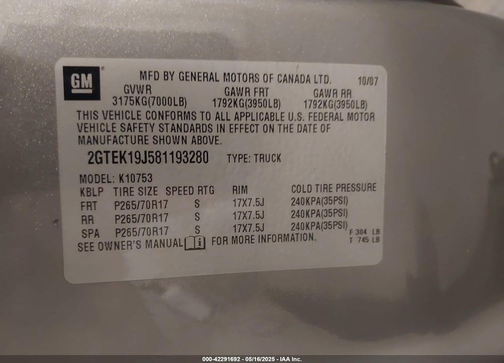 2008 GMC SIERRA 1500 SLT VIN: 2GTEK19J581193280