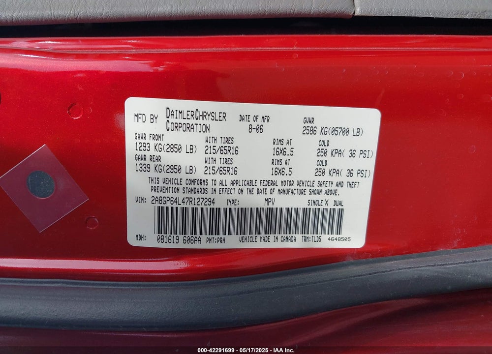 2007 CHRYSLER TOWN & COUNTRY LIMITED VIN: 2A8GP64L47R127294