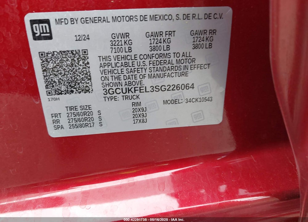 2025 CHEVROLET SILVERADO 1500 VIN: 3GCUKFEL3SG226064