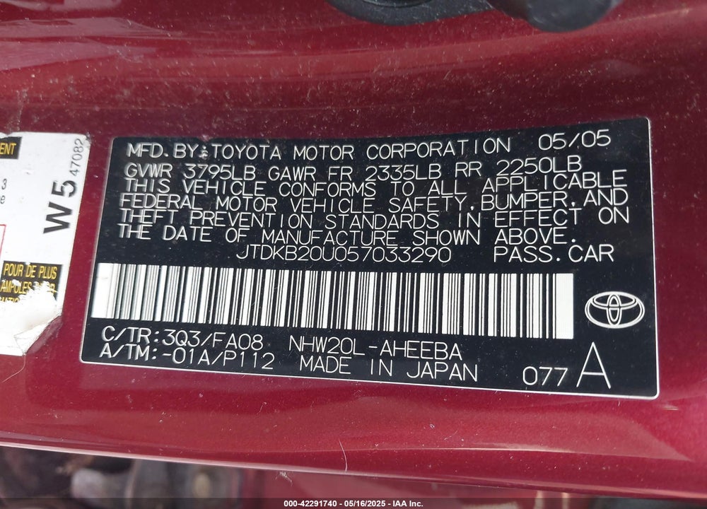 2005 TOYOTA PRIUS VIN: JTDKB20U057033290