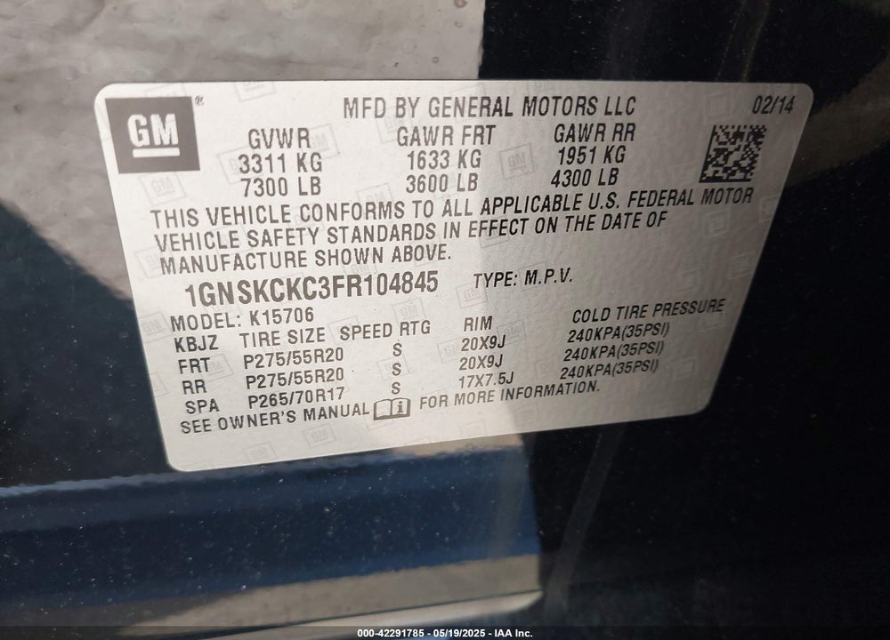 2015 CHEVROLET TAHOE VIN: 1GNSKCKC3FR104845