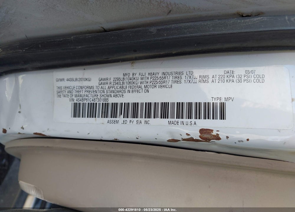 2008 SUBARU OUTBACK 2.5I VIN: 4S4BP61C487301885