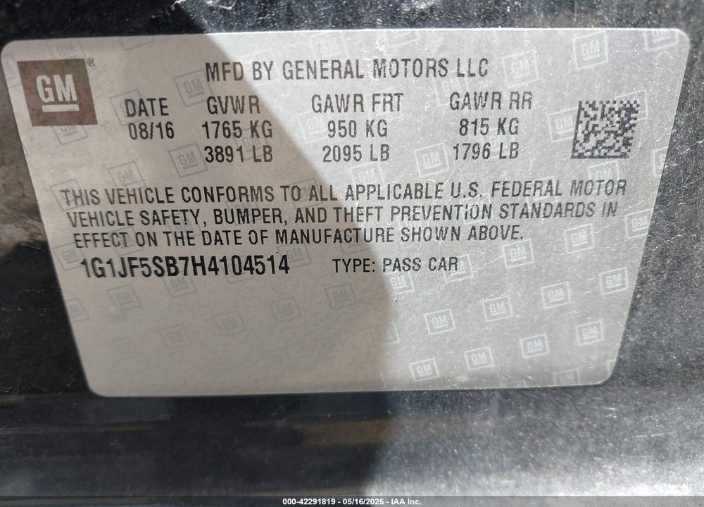 2017 CHEVROLET SONIC PREMIER AUTO VIN: 1G1JF5SB7H4104514