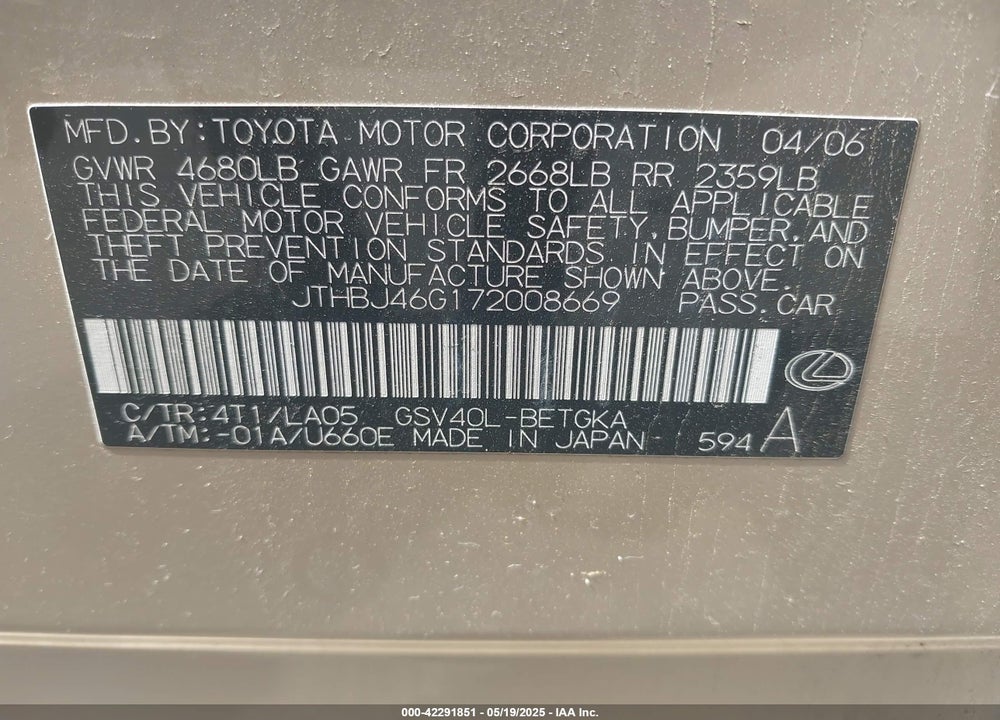 2007 LEXUS ES 350 VIN: JTHBJ46G172008669