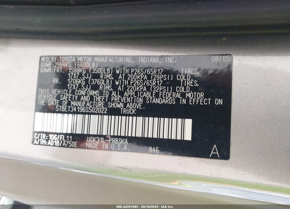 2006 TOYOTA TUNDRA VIN: 5TBET34196S502022