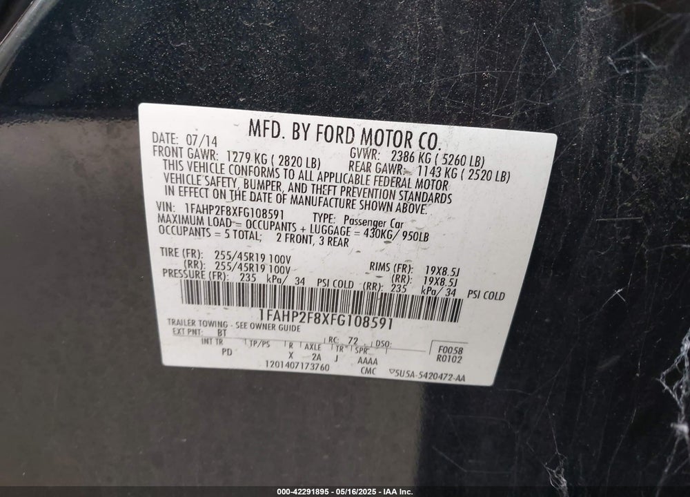 2015 FORD TAURUS LIMITED VIN: 1FAHP2F8XFG108591