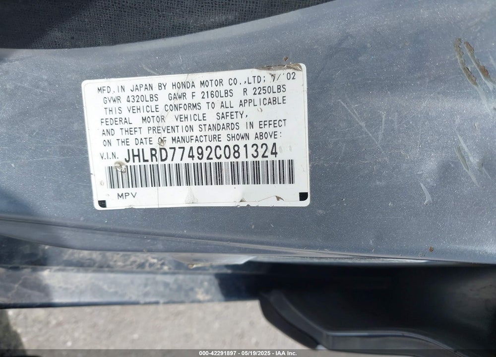 2002 HONDA CR-V LX VIN: JHLRD77492C081324