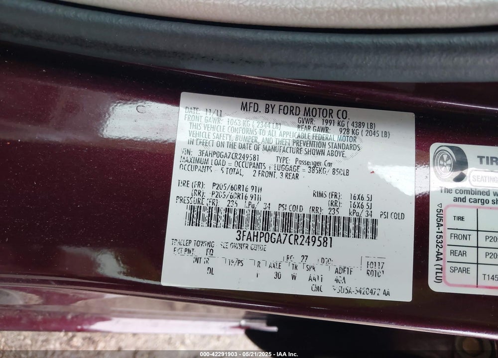2012 FORD FUSION S VIN: 3FAHP0GA7CR249581