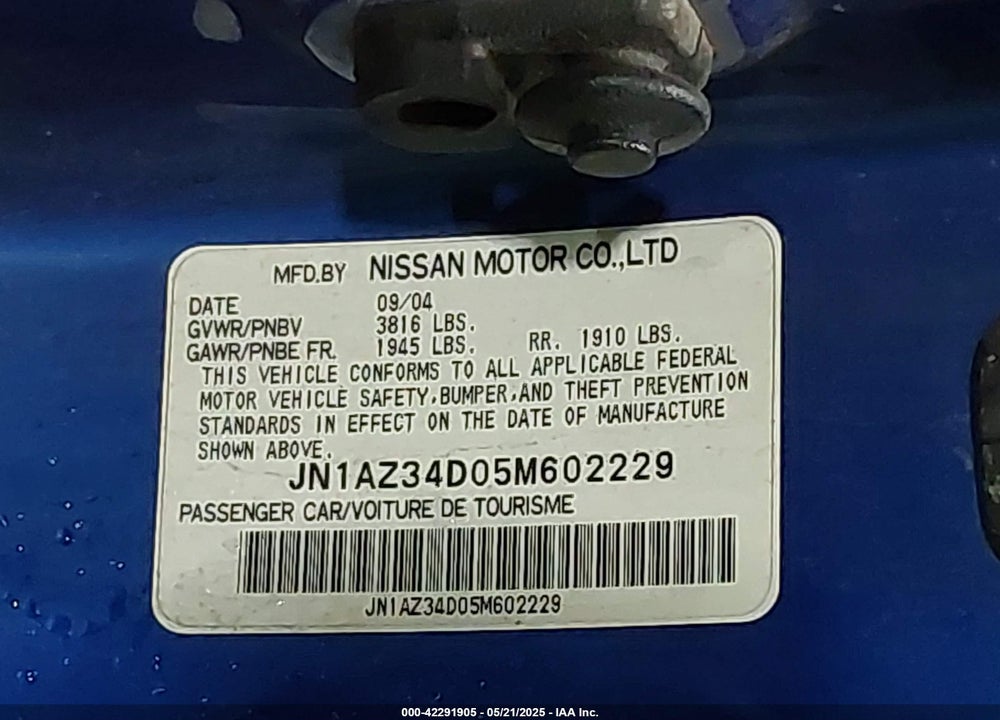 2005 NISSAN 350Z TOURING VIN: JN1AZ34D05M602229