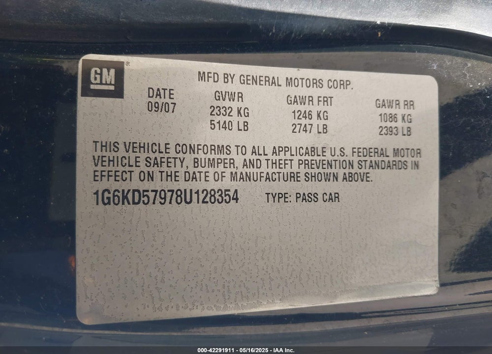 2008 CADILLAC DTS VIN: 1G6KD57978U128354