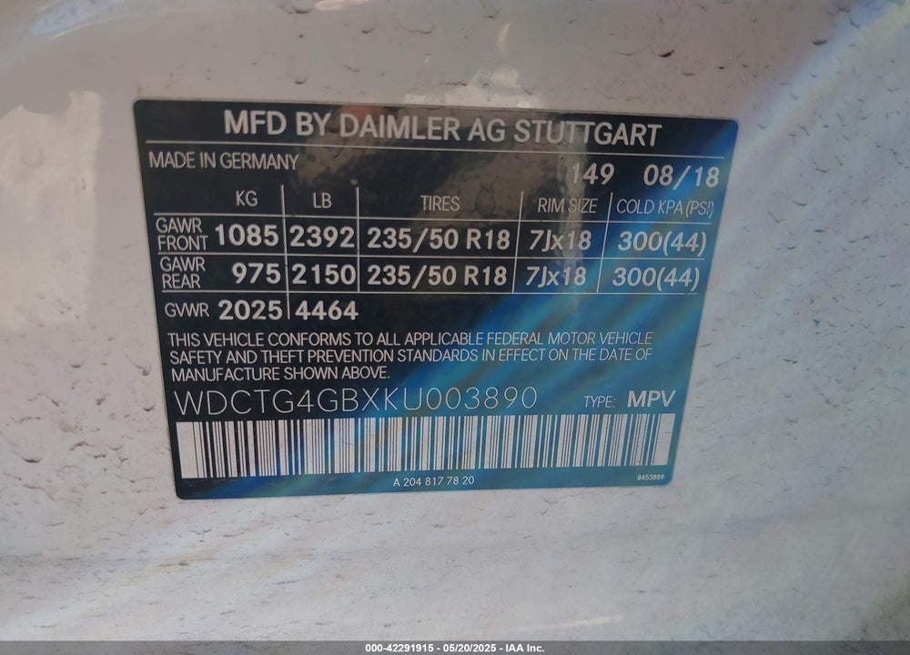2019 MERCEDES-BENZ GLA 250 VIN: WDCTG4GBXKU003890