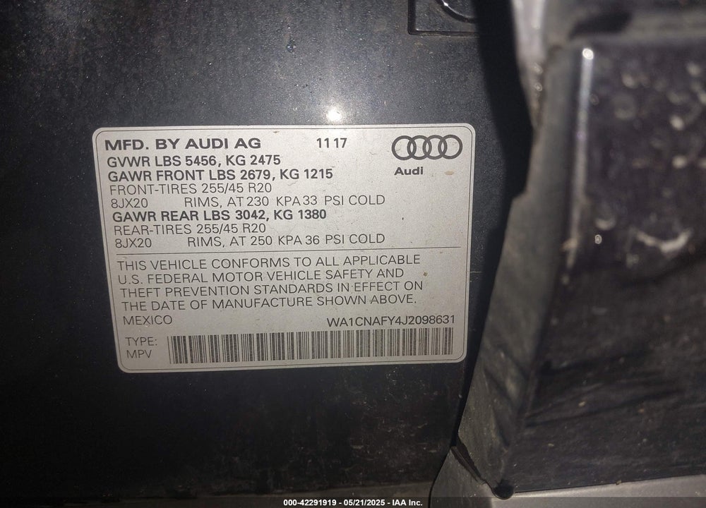 2018 AUDI Q5 2.0T PREMIUM/2.0T TECH PREMIUM VIN: WA1CNAFY4J2098631