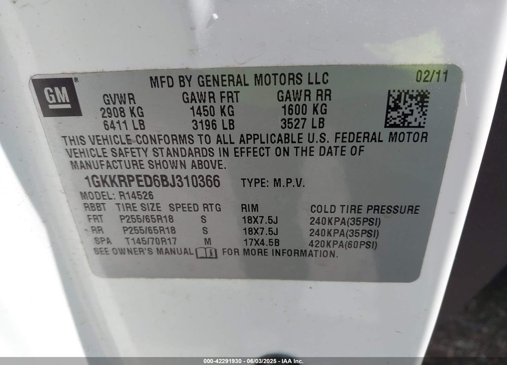 2011 GMC ACADIA SLE VIN: 1GKKRPED6BJ310366