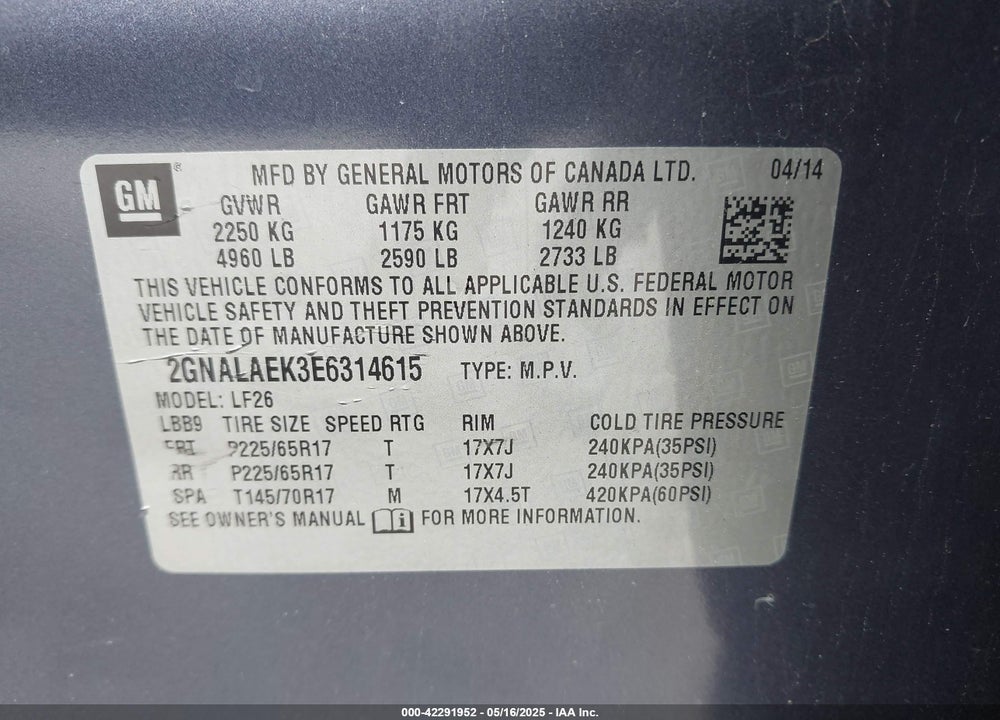 2014 CHEVROLET EQUINOX VIN: 2GNALAEK3E6314615