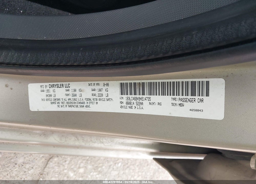 2009 DODGE AVENGER SE/SXT VIN: 1B3LC46BX9N514735