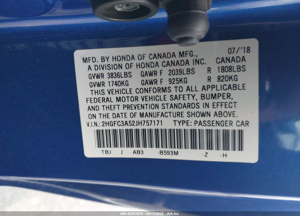 2018 HONDA CIVIC VIN: 2HGFC3A52JH757171