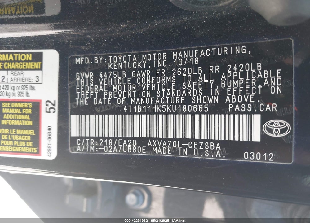 2019 TOYOTA CAMRY SE VIN: 4T1B11HK5KU180665