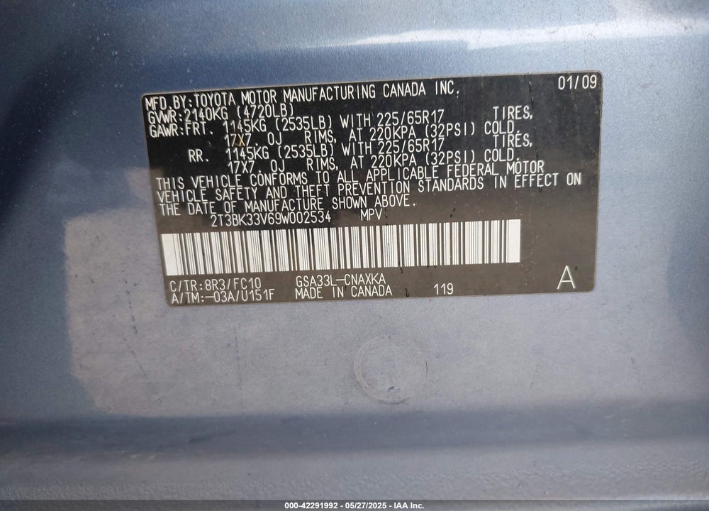 2009 TOYOTA RAV4 BASE V6 VIN: 2T3BK33V69W002534