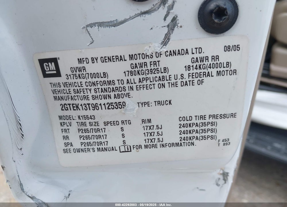 2006 GMC SIERRA 1500 SLT VIN: 2GTEK13T961125359