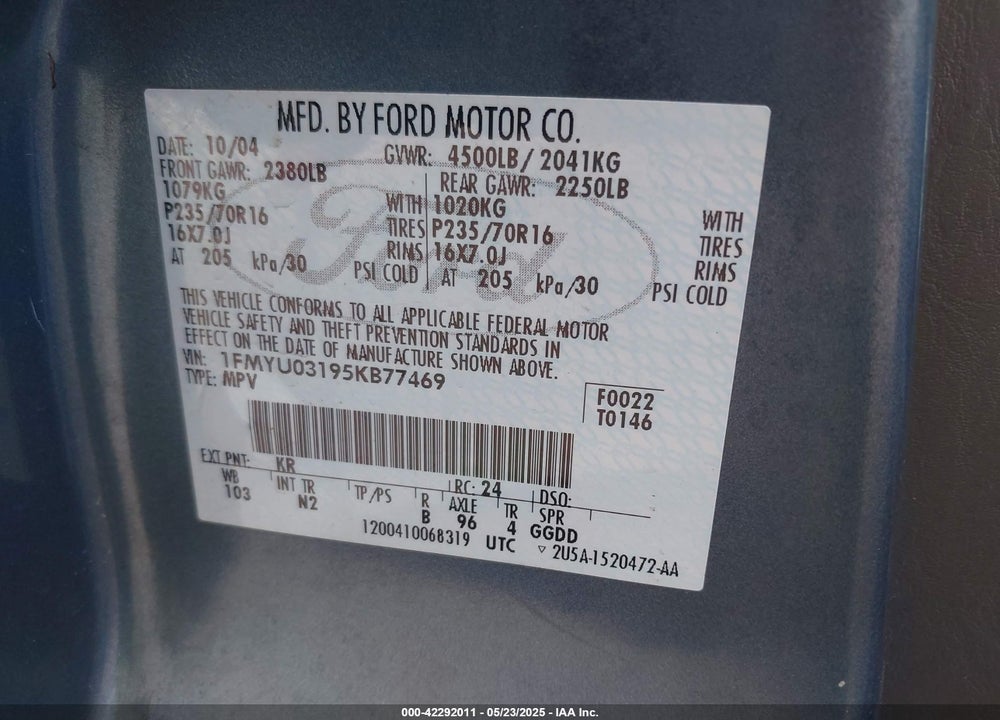2005 FORD ESCAPE XLT VIN: 1FMYU03195KB77469