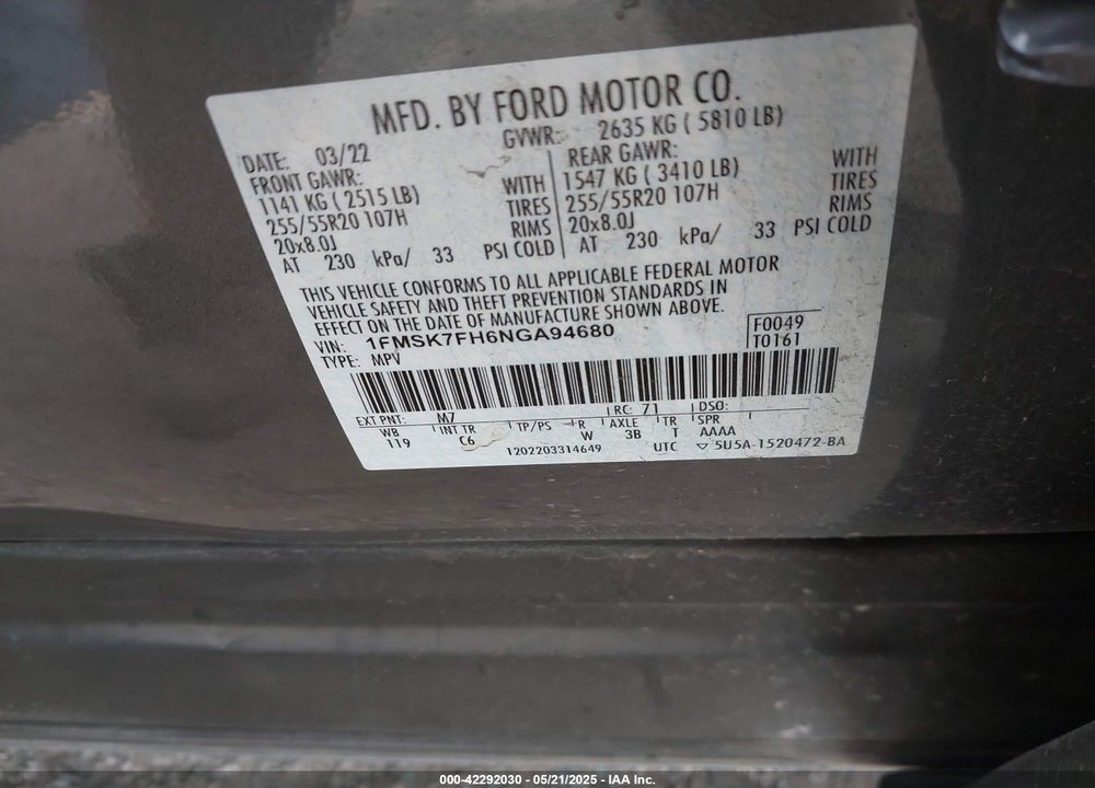 2022 FORD EXPLORER VIN: 1FMSK7FH6NGA94680