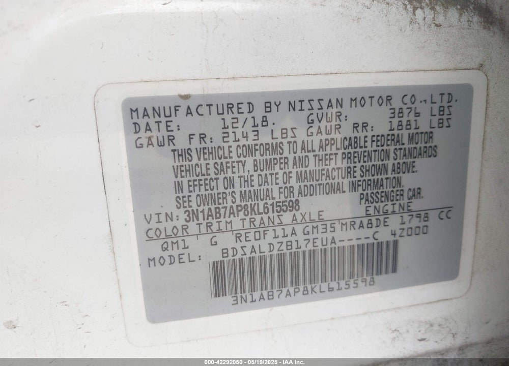 2019 NISSAN SENTRA VIN: 3N1AB7AP8KL615598