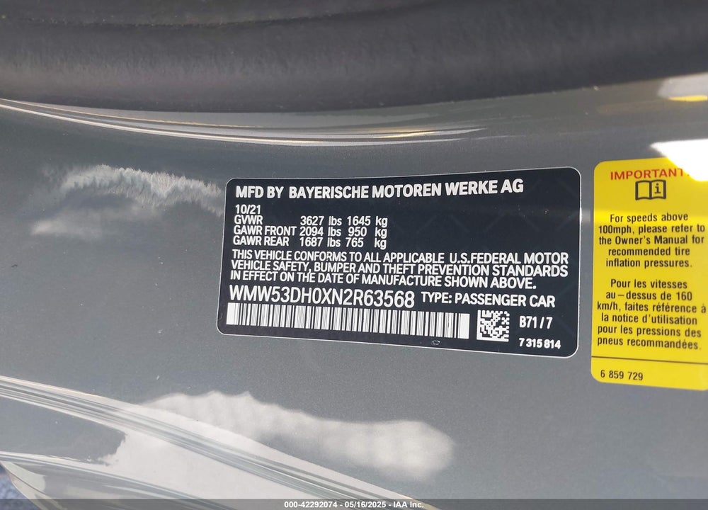 2022 MINI HARDTOP COOPER S VIN: WMW53DH0XN2R63568
