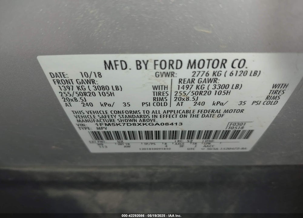 2019 FORD EXPLORER XLT VIN: 1FM5K7D8XKGA08413