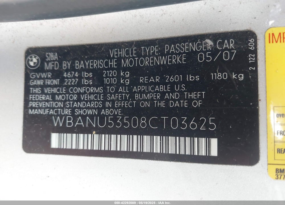 2008 BMW 528I VIN: WBANU53508CT03625