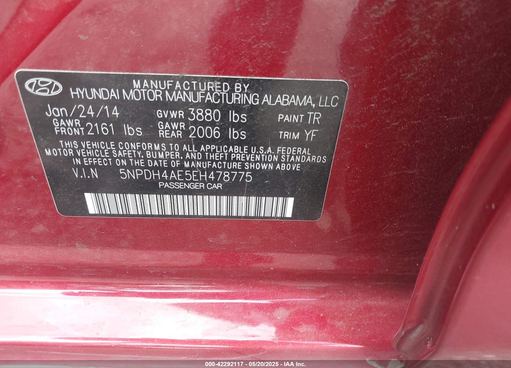 2014 HYUNDAI ELANTRA SE VIN: 5NPDH4AE5EH478775