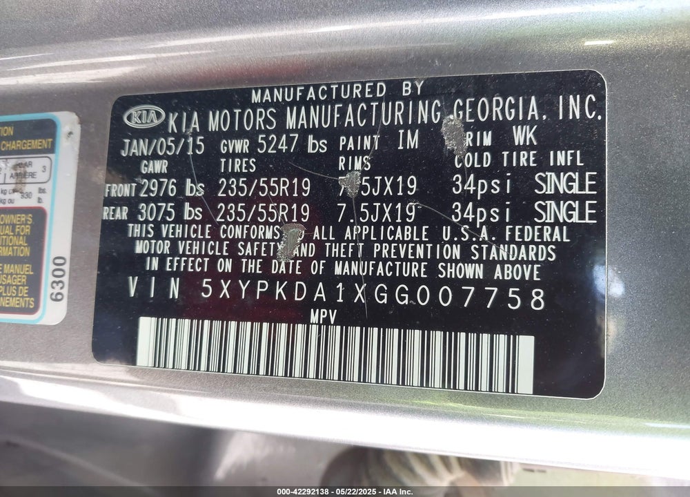 2016 KIA SORENTO 2.0T SXL VIN: 5XYPKDA1XGG007758