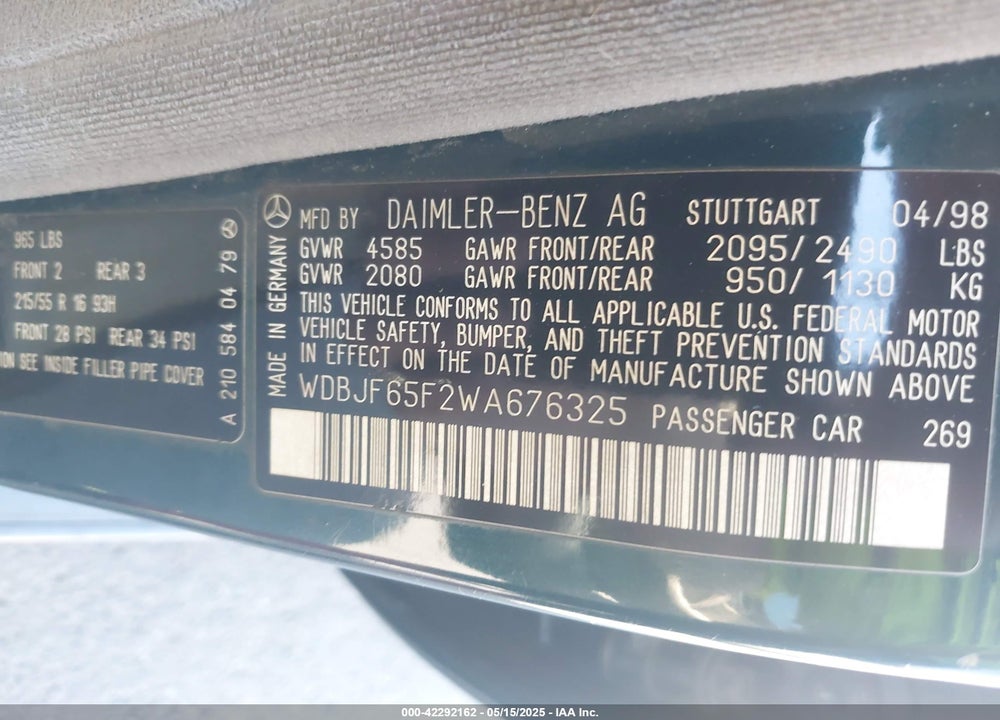 1998 MERCEDES-BENZ E 320 VIN: WDBJF65F2WA676325
